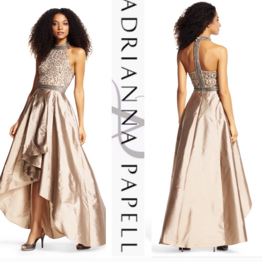 Adrianna Papell Bronze Beaded High Low T Back Gown Size 4